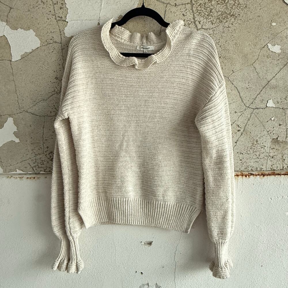 Madewell Sweater Ruffle Neck Pullover Merino Wool Blend Cream Ivory Knit Top S
